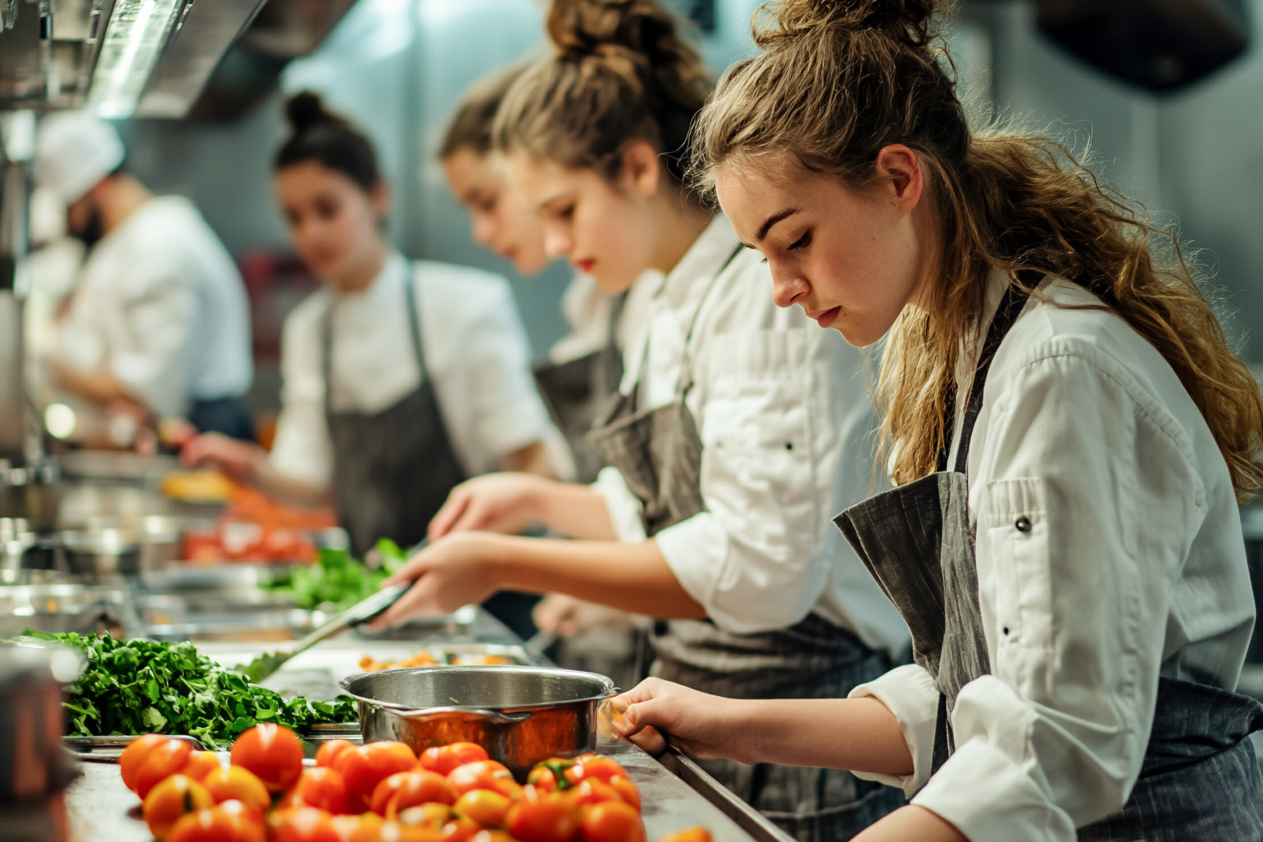 Students in a culinary class cooking together, baking bread in culinary school, learning gastronomy and baking